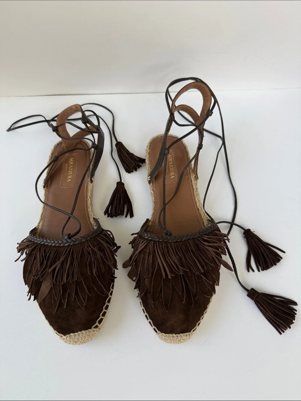 Aquazzura Pocahontas Brown Suede Fringe Espadrille Lace-Up Sandals Size 8 Tassel